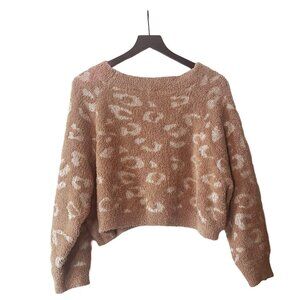 EXPRESS Oversized Boxy Fuzzy Patterned Cropped Tan/White Sweater Size Medium
